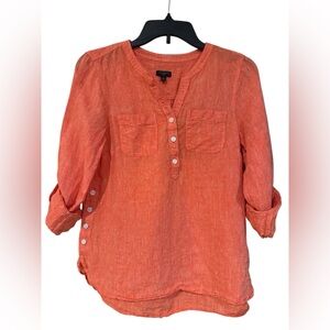 Talbots S Petite Linen Blouse Vibrant Orange/Coral Tropical Button Up & Down